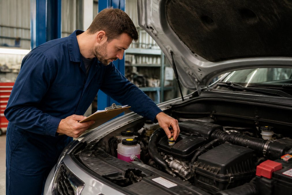 A mechanic checking fluid levels and filters to help reduce car maintenance cost during a minor service.