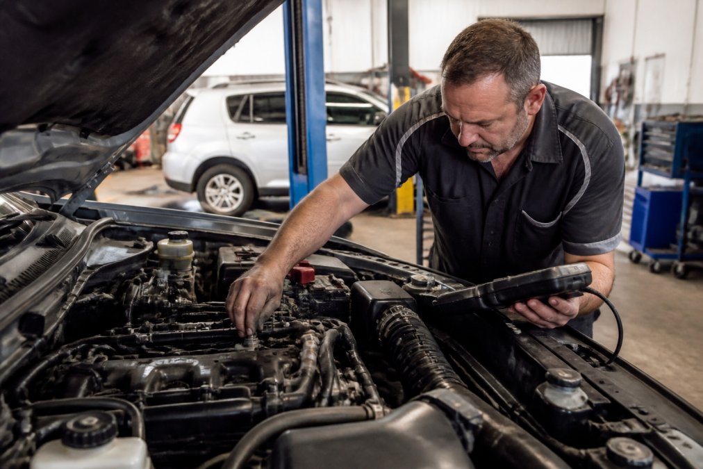 A certified mechanic in a professional workshop inspecting a car's engine bay with a modern diagnostic tool, bright workshop lighting, Mildura setting