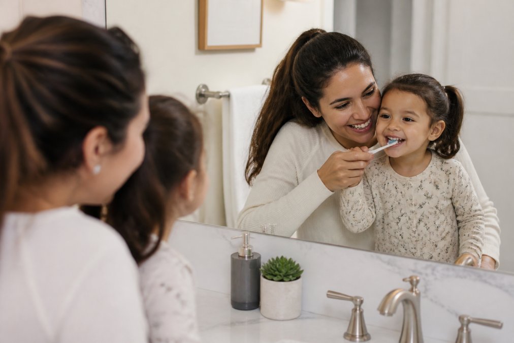 A parent kneeling next to a young child in a bright bathroom, guiding the child's hand holding a toothbrush, both smiling at their reflection in the mirror