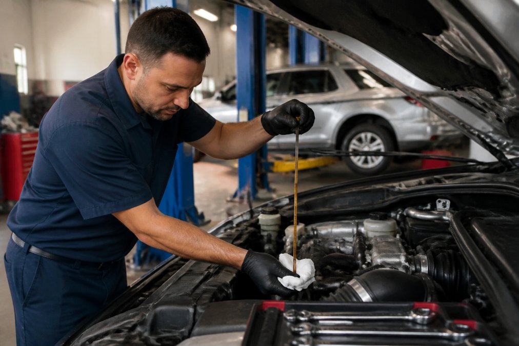 Close-up of a mechanic's hands checking fluid levels under an open vehicle hood in a well-lit service bay, with chrome engine components visible and organized tools nearby