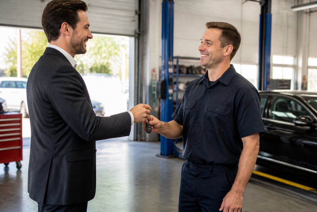 A busy professional in business attire handing car keys to a friendly ASE-certified mechanic in a clean, modern garage bay with natural light streaming through large windows