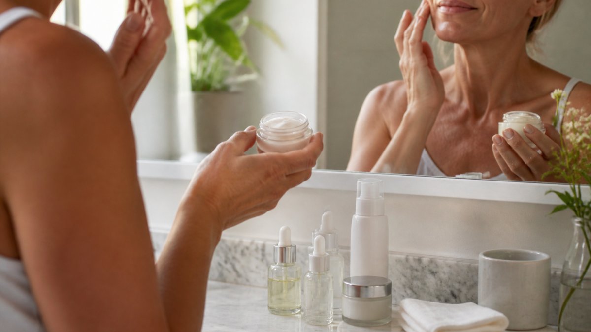 Femme d'environ 45 ans devant un miroir de salle de bain lumineuse, appliquant une crème hydratante sur son visage avec des gestes circulaires, flacons de soins disposés sur le comptoir en marbre