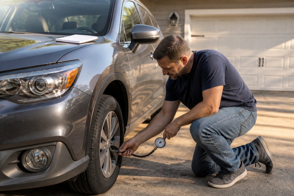 A driver checking tire pressure with a gauge during routine vehicle maintenance on a sunny morning.
