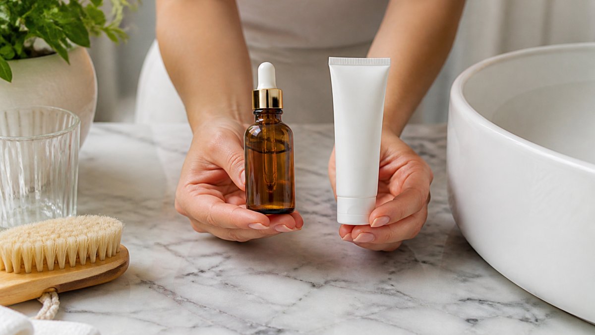 Close-up of a woman's hands holding two skincare products side by side on a marble bathroom counter, one natural serum bottle and one pharmaceutical tube, soft natural lighting