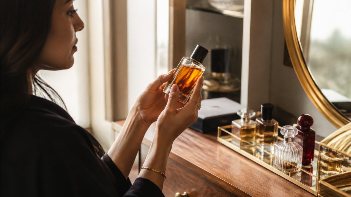 A person holding an amber glass perfume bottle up to soft window light, checking the label closely at a wooden vanity