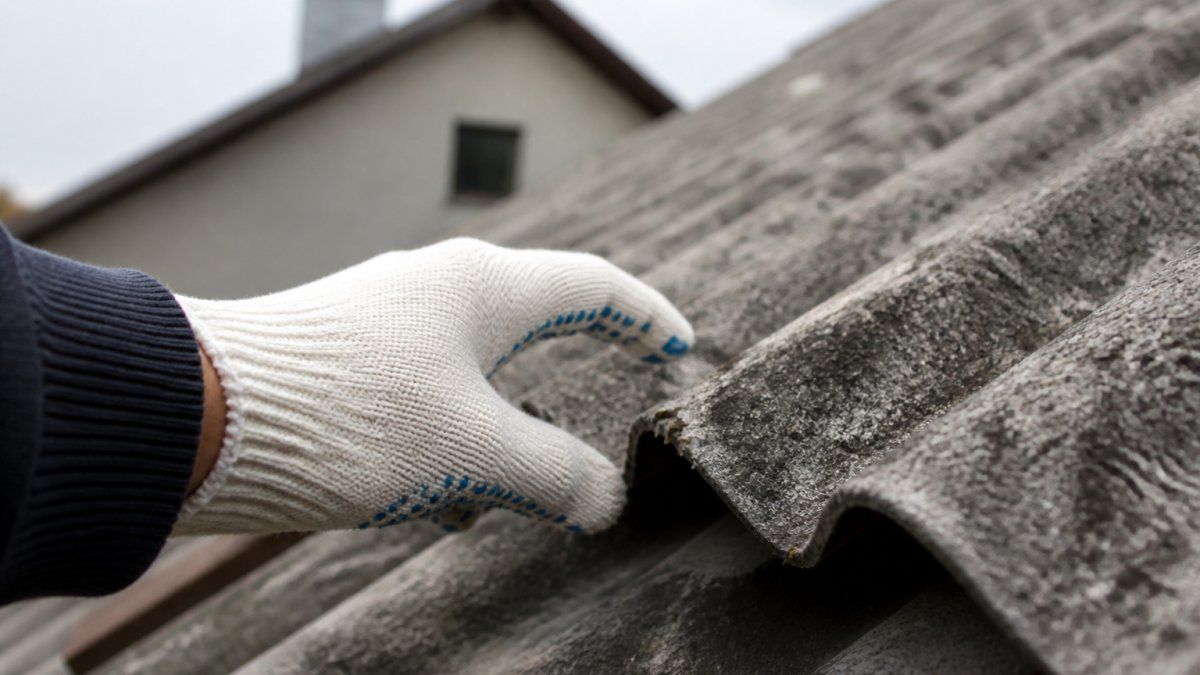 Detailní záběr lidské ruky v ochranné rukavici, která se dotýká okraje staré šedé vlnité střešní krytiny, na pozadí rozostřená střecha rodinného domu