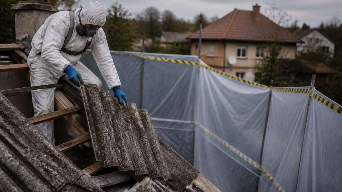 Pracovník v ochranném obleku a respirátoru demontuje eternitovou střešní krytinu na rodinném domě, plachty zakrývají okolí, výstražné značení vymezuje pracovní zónu