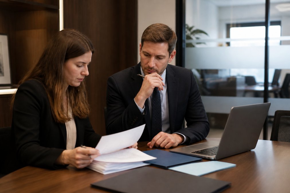 A compliance officer and legal counsel reviewing regulatory documents at a desk in a modern office, with a laptop showing an FCA application portal