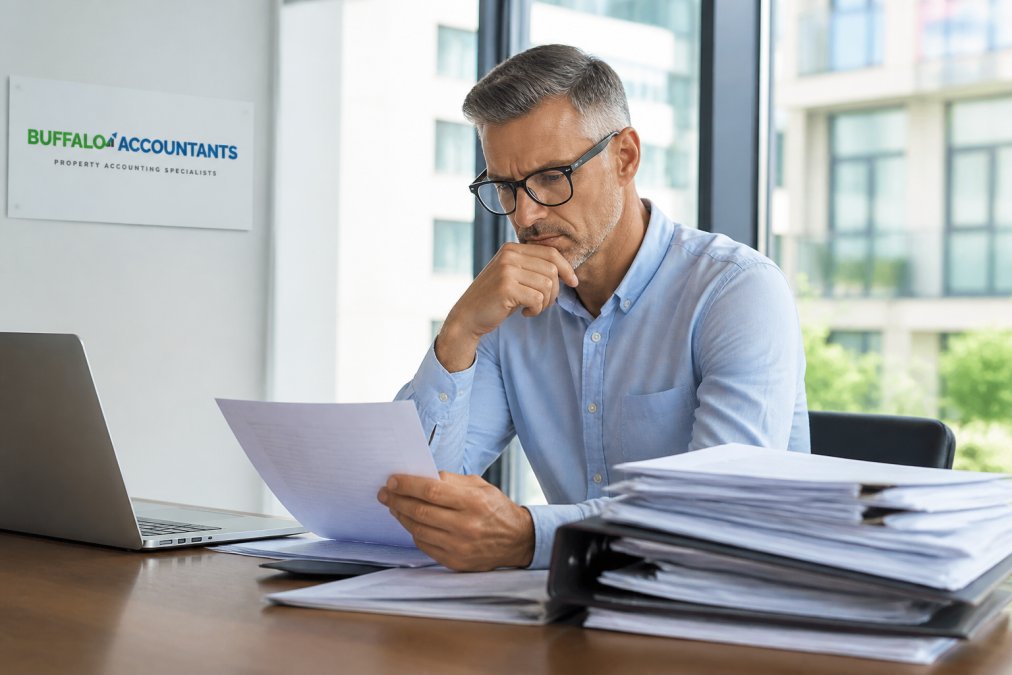 A financial controller reviewing a stack of property financial reports beside a laptop in a modern office, natural window light, looking thoughtful