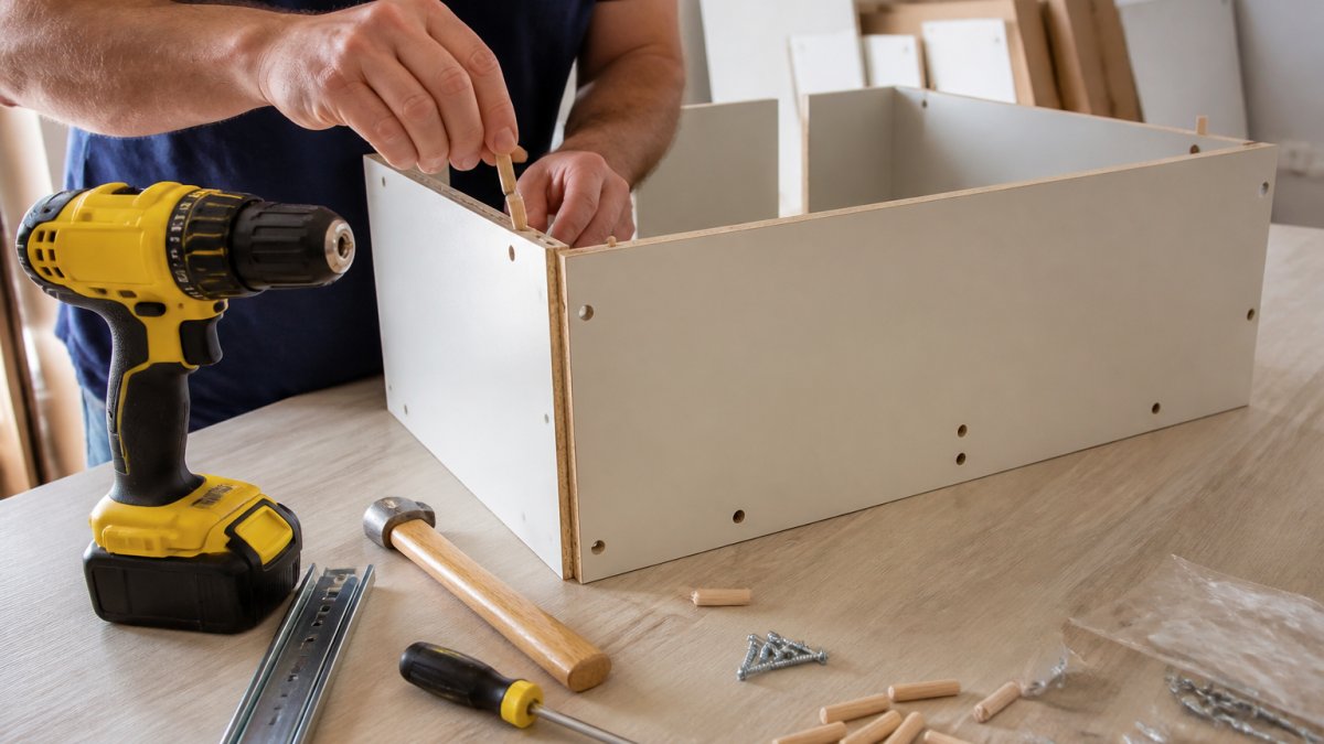 Hands assembling RTA cabinet box with dowels and screws on workbench, drill and tools laid out nearby, natural workshop lighting