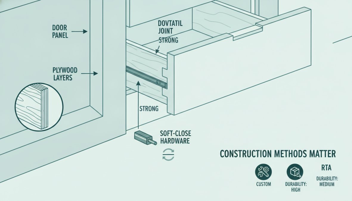 Close-up of cabinet door cross-section showing plywood layers, dovetail drawer joints, and soft-close Blum hardware mounted in modern workshop lighting