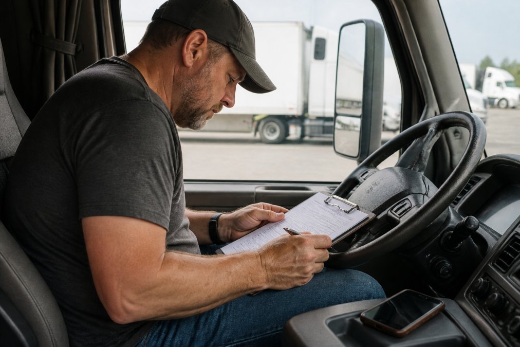 An owner-operator CDL driver in casual work clothes sitting in the cab of a parked semi-truck, reviewing paperwork on a clipboard with a smartphone showing a testing site confirmation nearby