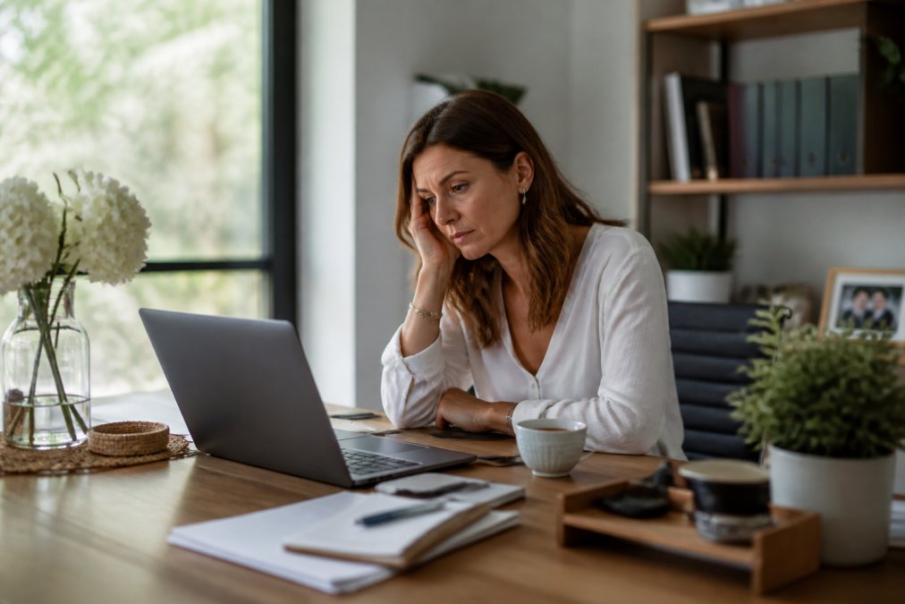A tired woman sitting at a tidy desk, reflecting on how RTT therapy can help manage professional burnout.