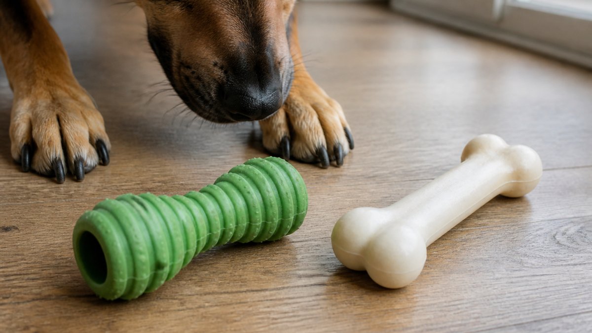 Dog paws and snout resting on a wooden floor beside a flexible rubber toy and a hard nylon chew bone.