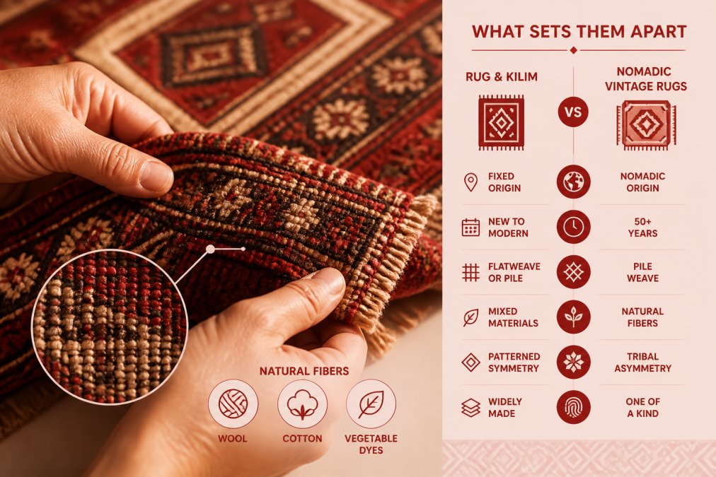 Close-up of hands examining a handwoven vintage rug, showing intricate textile weave patterns and natural fiber details in warm natural light