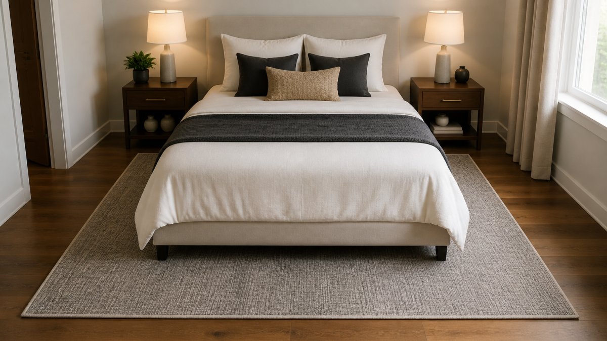 A small bedroom with a queen bed placed on a rectangular rug, showing the rug extending evenly on both sides and at the foot, with a bedside table on each side and visible floor space around the edges