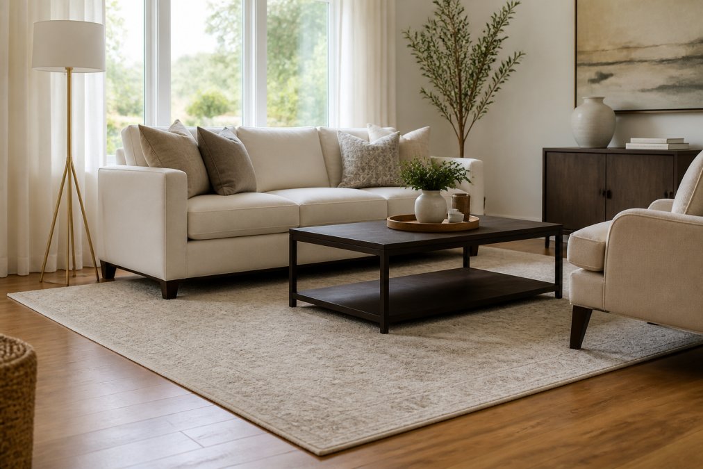 Diagram illustrating living room rug size guide rules with furniture placement on an area rug.
