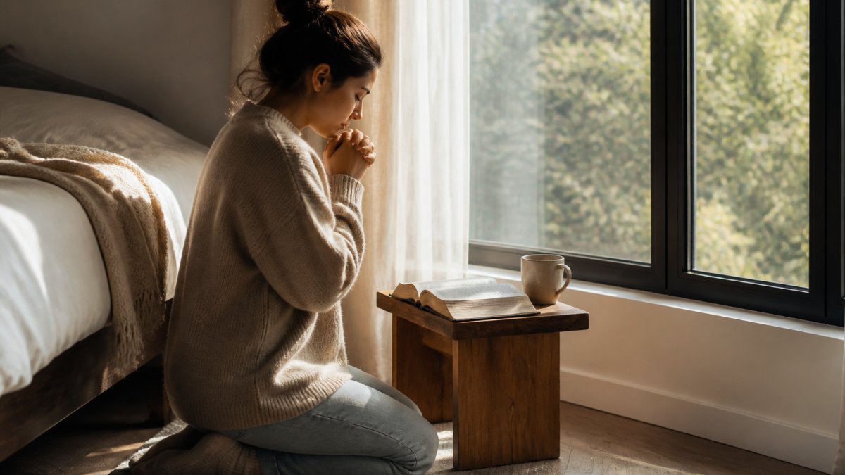 Persoană în liniște dimineața, pe genunchi lângă o fereastră luminoasă cu o biblie deschisă și o cană de ceai, în atmosferă calmă și contemplativă