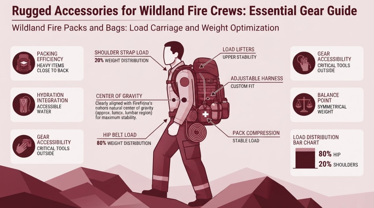 Wildland firefighters wearing loaded fire packs and gear while moving across steep, rocky terrain in afternoon sunlight, demonstrating proper weight distribution and ergonomic positioning during extended fireline operations