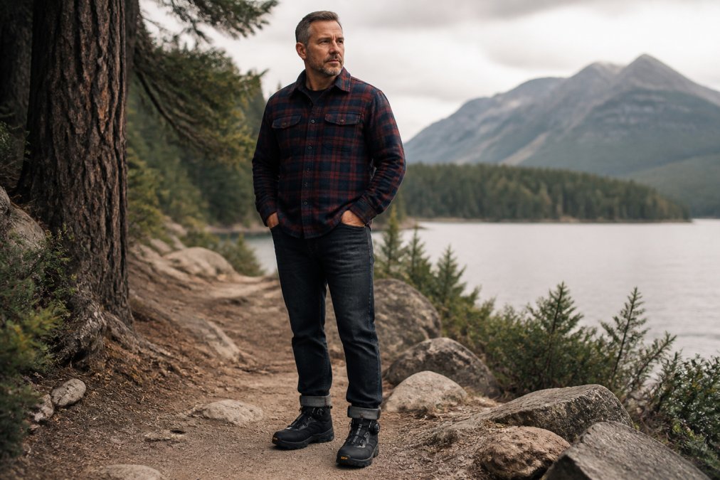 Man in his 40s wearing selvedge denim, heavyweight flannel shirt, and weathered leather boots standing in natural outdoor light, showcasing rugged heritage style