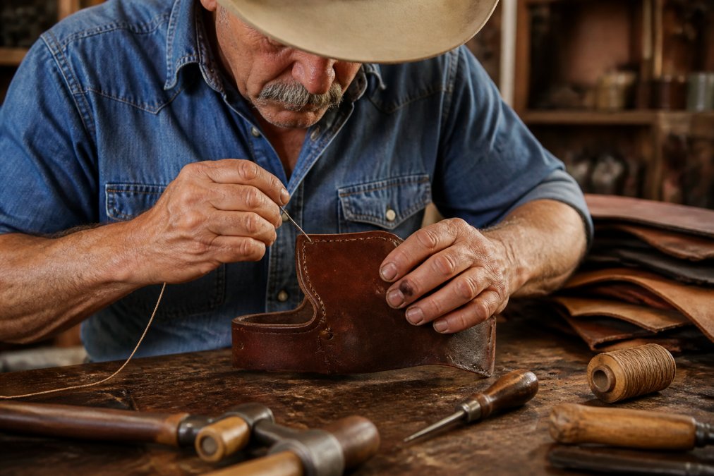 Close-up of a craftsman's weathered hands saddle-stitching a thick full-grain leather holster on a wooden workbench, with awls, waxed thread, and stacked leather hides visible in the warm workshop light