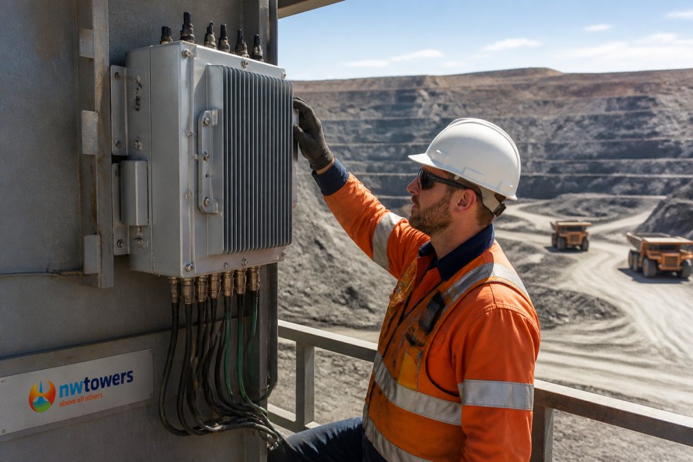 A network engineer in high-visibility safety gear and hard hat inspecting a ruggedized network cabinet mounted on a steel wall at an open-pit mining site, haul trucks visible in the dusty background under harsh afternoon sunlight