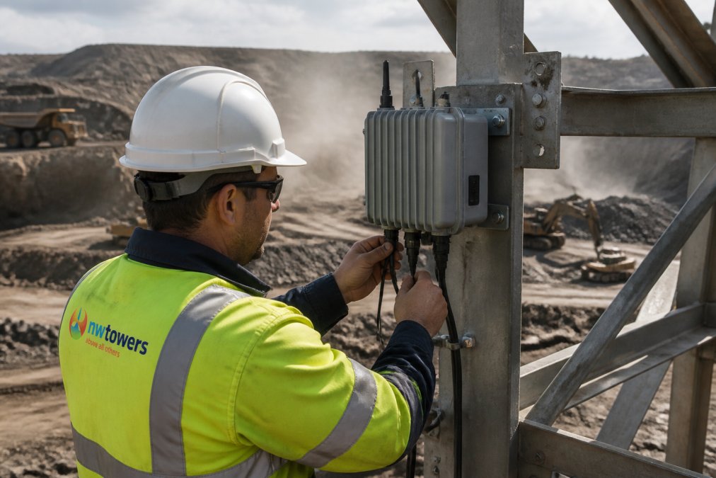 Engineer inspecting a rugged networking wireless access point at an industrial site with heavy machinery