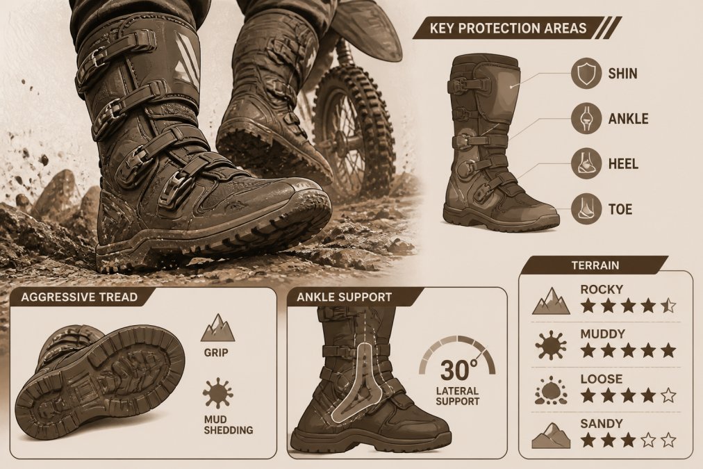 Close-up of off-road boots on rocky, muddy terrain showing aggressive tread pattern and ankle support during actual trail riding