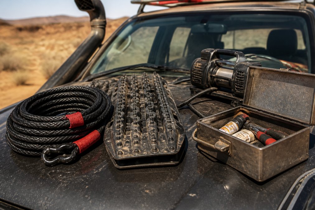 Close-up of recovery gear laid out on vehicle hood: kinetic rope coiled neatly, interlocking traction boards stacked, portable air compressor, and tire repair kit organized in weathered metal toolbox under bright afternoon sunlight