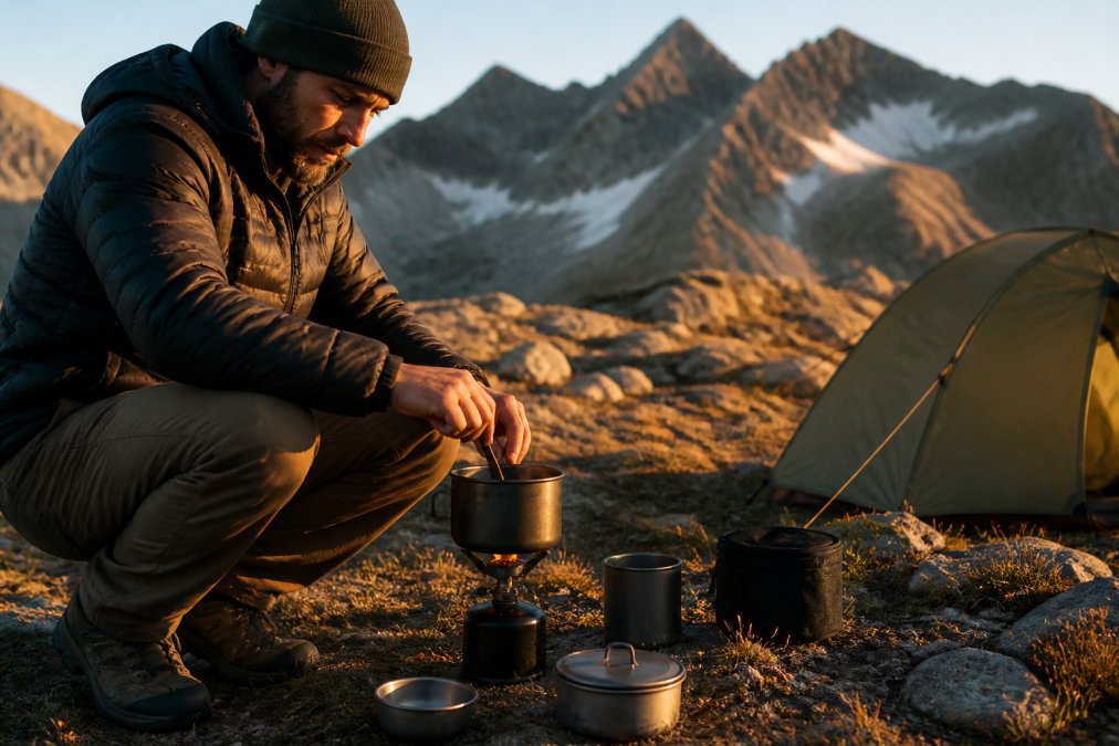 Overlander preparing hot meal at camp using portable stove and titanium cookware with mountains and tent visible in soft golden hour lighting