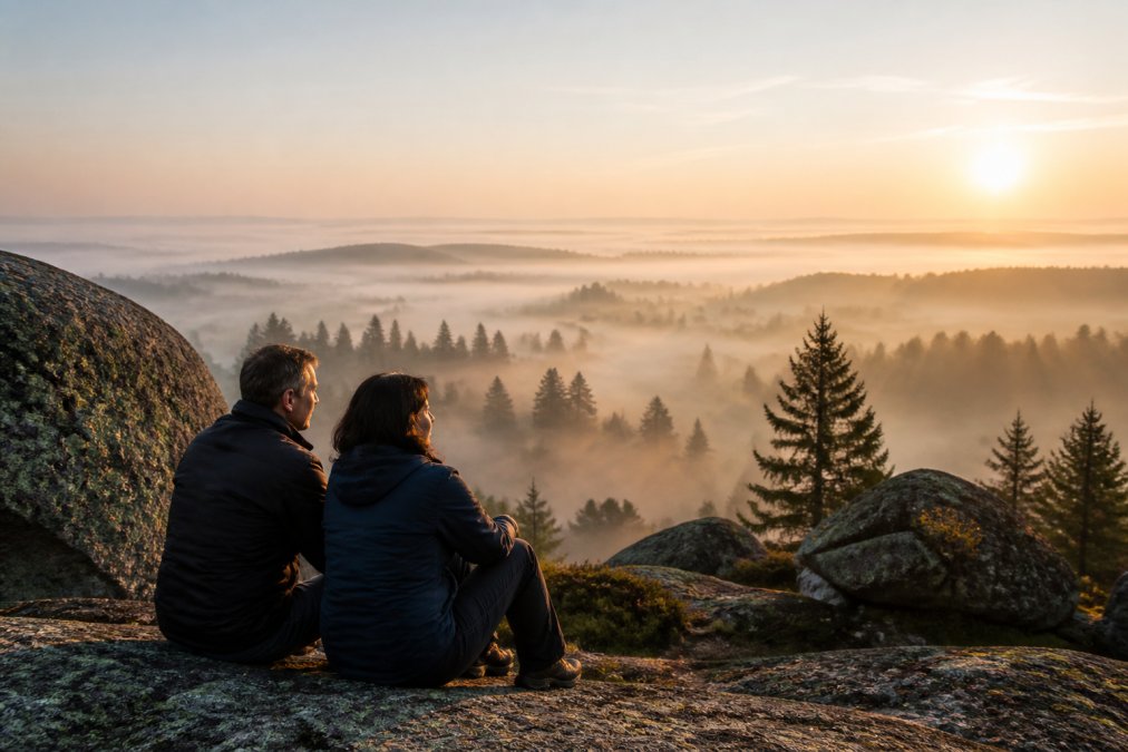 Rozlehlá, mlhavá žulová krajina ve Waldviertelu při východu slunce, ojedinělé skupinky stromů, kameny porostlé mechem, nikde není vidět žádný člověk, navozuje hluboké ticho a pocit rozlehlosti