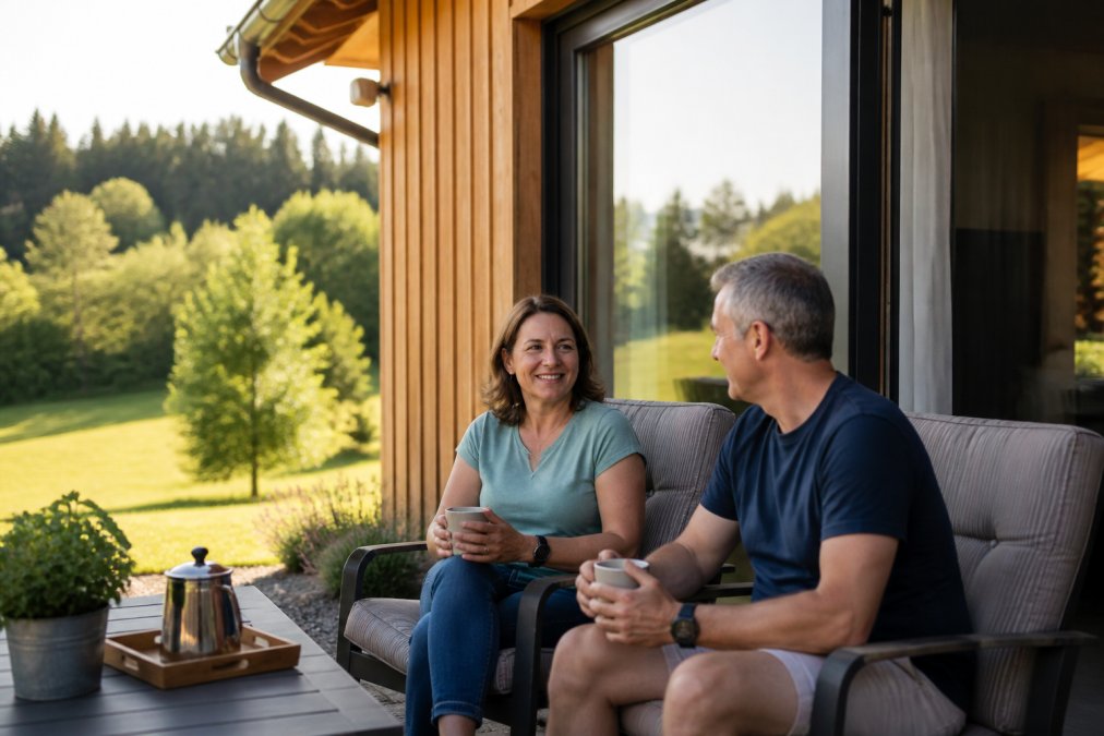 Hangulatos nyaraló nagy ablakokkal, a Waldviertel sűrű erdei és zöld rétei között, ahol a reggeli napfény gyengéden rásüt a fa homlokzatra