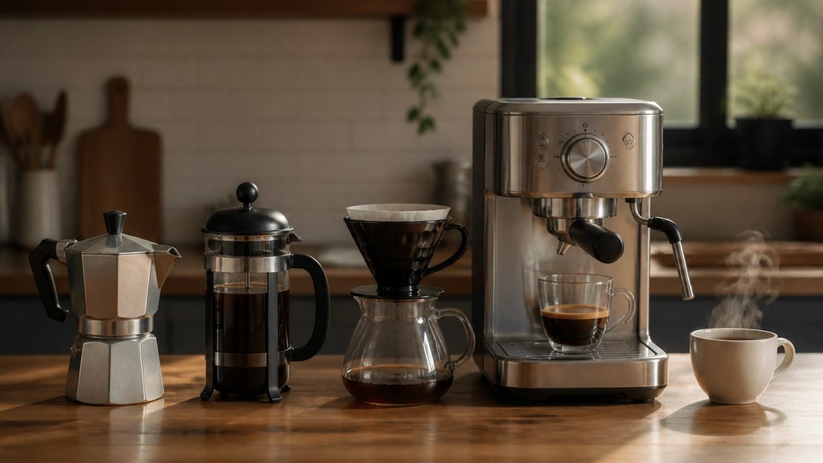 A home kitchen bench with a stovetop maker, manual press, pour-over dripper and a small espresso machine side by side, warm morning light, steam rising from one cup