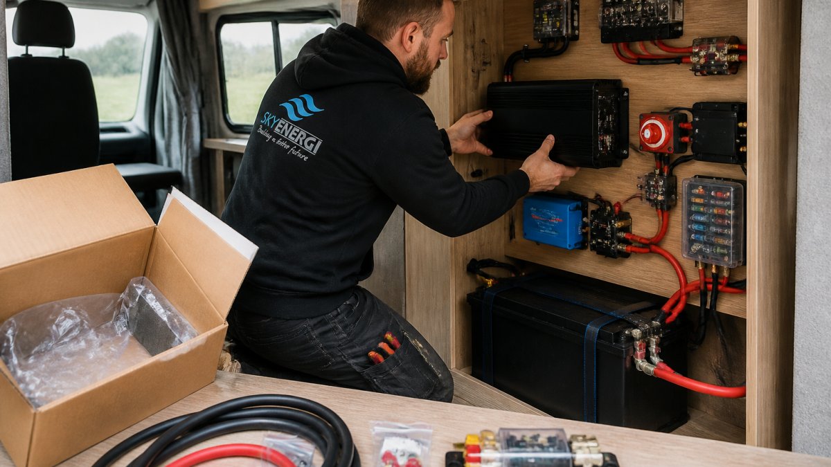 Professional electrician installing a pure sine wave inverter in a campervan electrical cabinet with battery cables, fuses, and disconnects neatly organised and clearly labelled