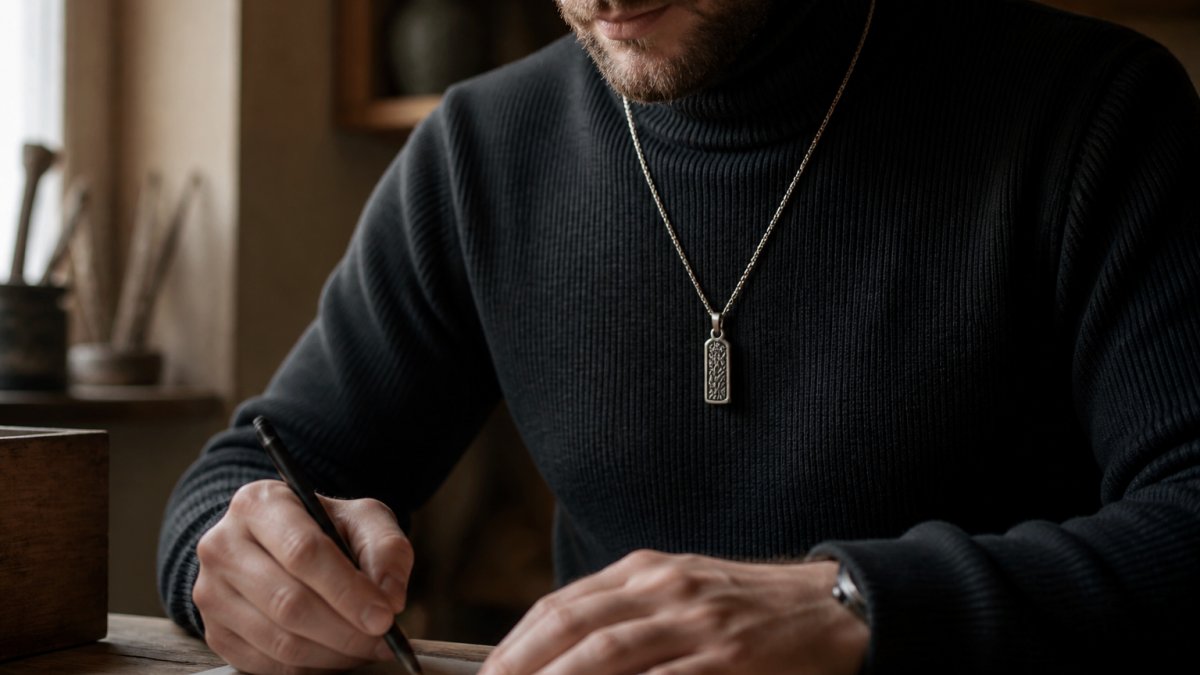 Nahaufnahme einer silbernen Runenkette mit Anhänger, getragen über einem dunklen Rollkragenpullover, weiches Tageslicht, Fokus auf das Zusammenspiel von Metall und Stoffstruktur