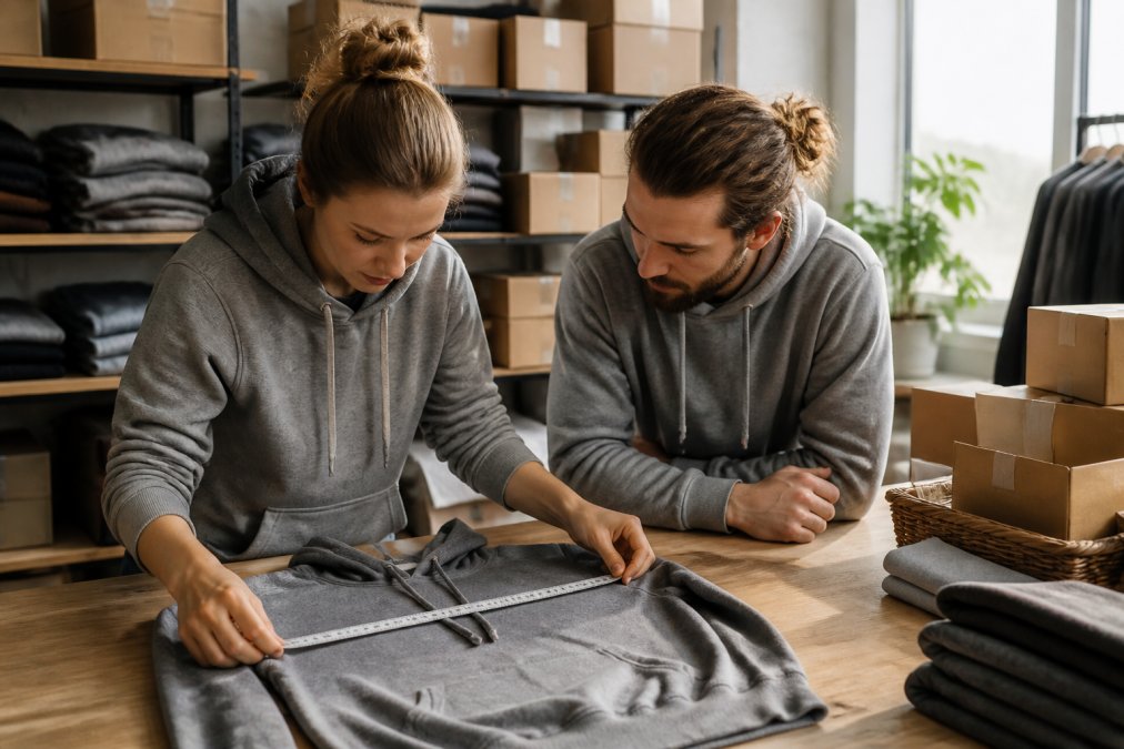 Nahaufnahme eines grauen Kapuzenpullovers auf einem Holztisch, flach ausgebreitet, mit sichtbaren gerippten Bündchen und flachen Kordeln, daneben ein Maßband