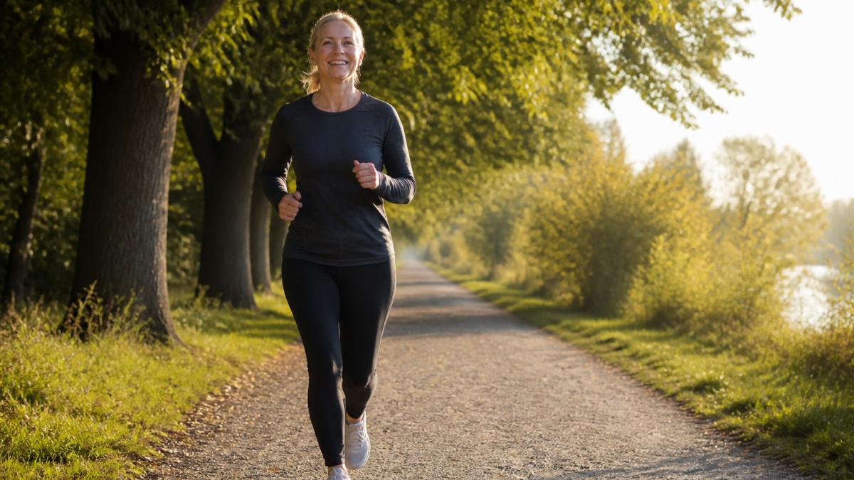 A woman in her forties running along a tree-lined path in the early morning light, smiling with relaxed shoulders, wearing comfortable running clothes and trainers