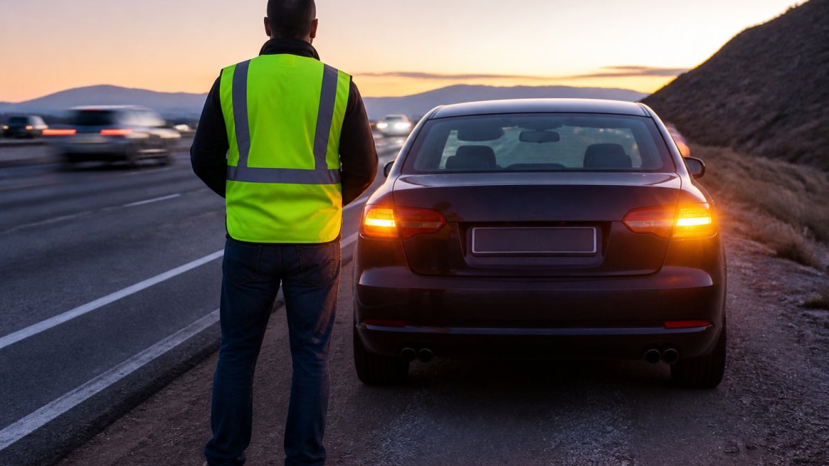 Driver standing safely behind their vehicle on highway shoulder with hazard lights visible, wearing reflective vest, watching traffic pass by at dusk