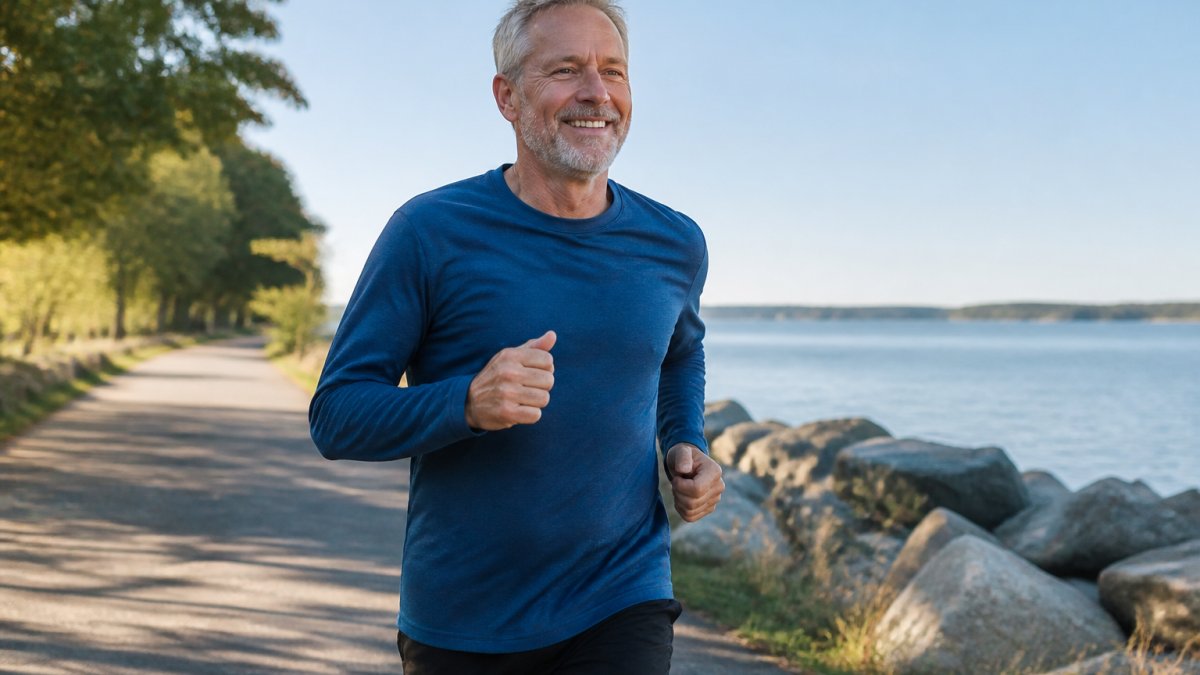 Active person in their 50s jogging outdoors on a sunny day, wearing comfortable running gear and smiling with confidence, natural morning light