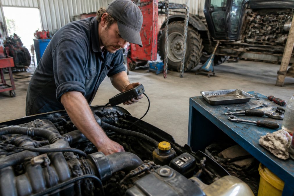 Skilled mechanic using diagnostic tools on farm machinery to ensure rural contracting satisfaction guaranteed