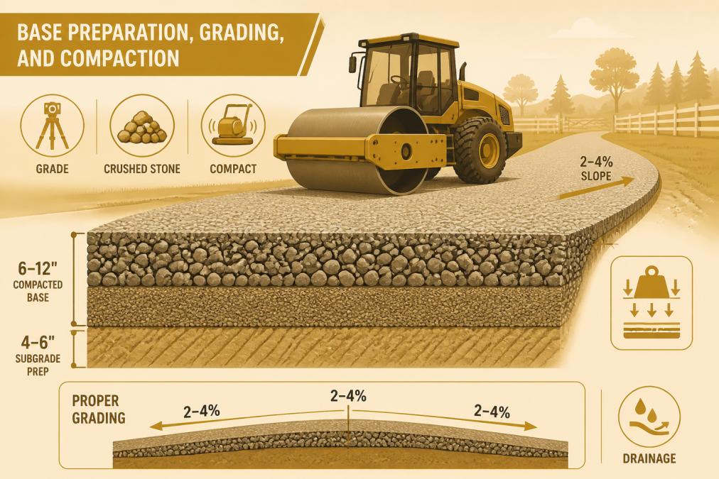 Heavy vibratory roller compacting crushed stone base layer on a rural property, showing proper grading and multiple stone layers for driveway installation