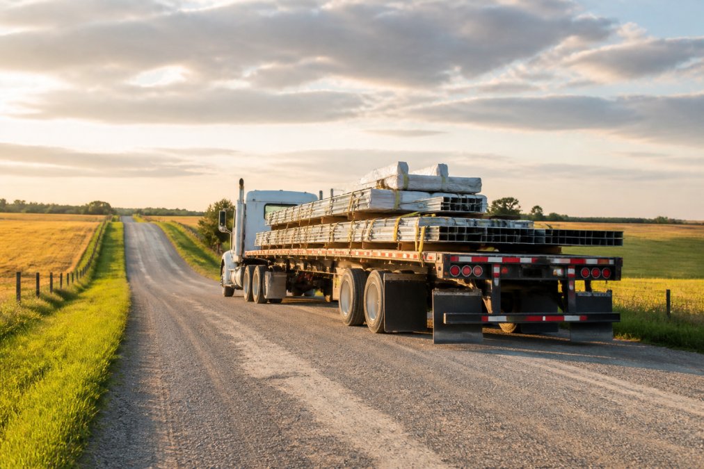 A flatbed truck carrying bundled steel building components driving down a rural gravel road with farmland on both sides, late afternoon light