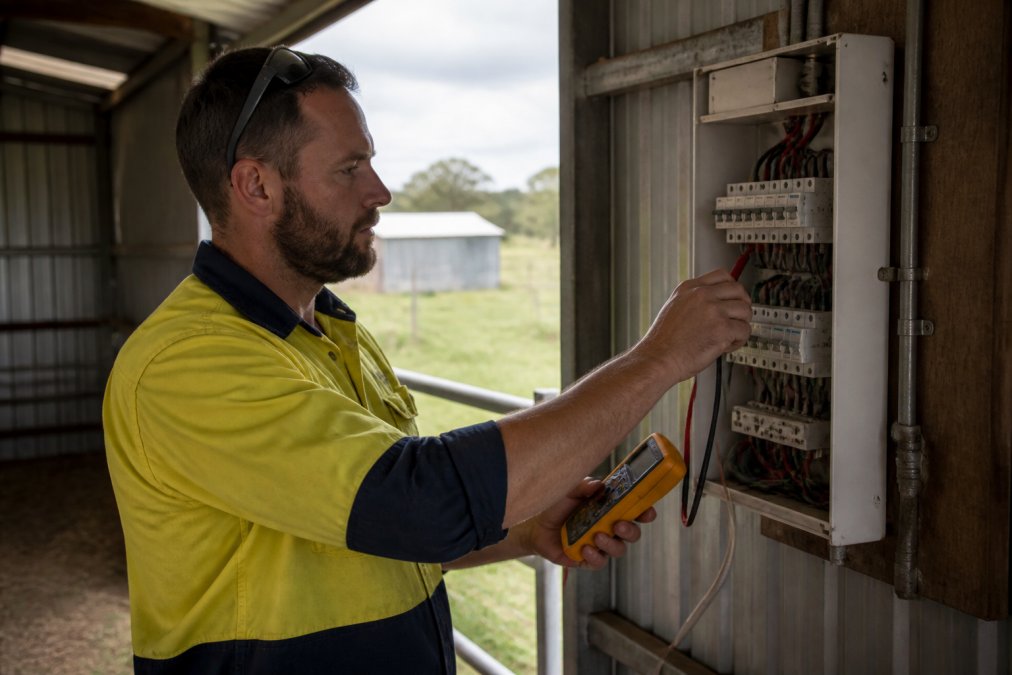 A licensed electrician in a hi-vis shirt testing a rural property switchboard with a multimeter, farm shed and paddock visible through an open doorway behind him