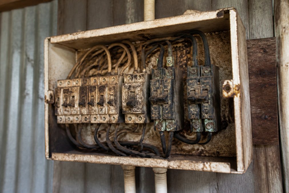 Close-up of aged switchboard with discoloured wiring, visible corrosion on terminals, and worn safety switches showing decades of weathering in a rural property setting