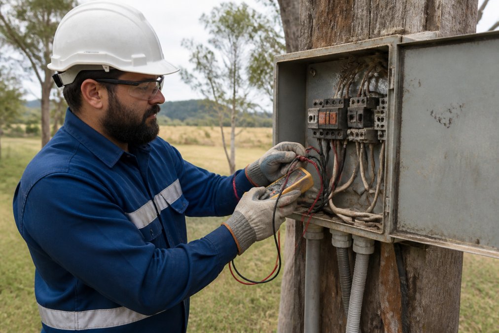 Licensed electrician in full work uniform using digital multimeter to test rural property wiring connections on weathered switchboard in daylight, demonstrating professional fault-finding and safety inspection