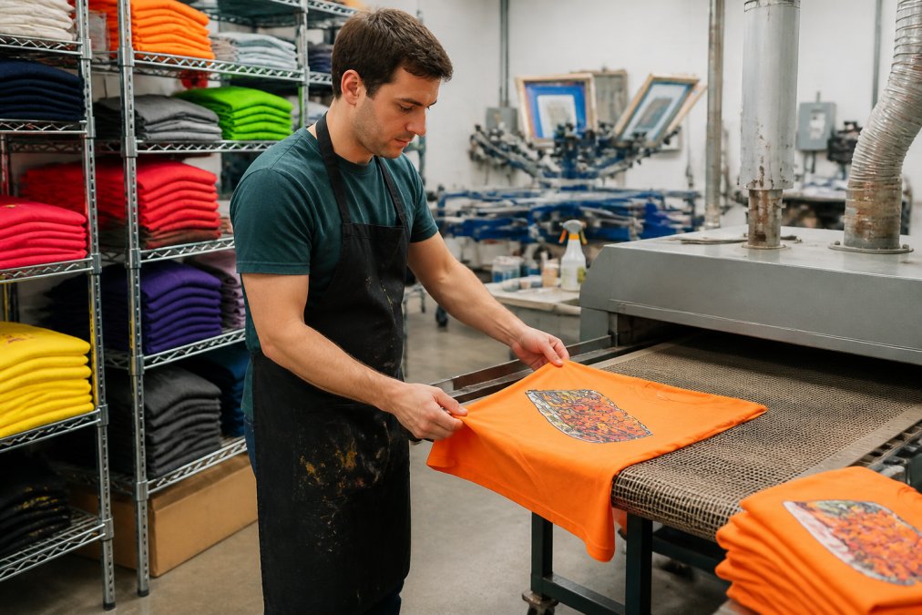A print shop worker in an apron pulling a freshly screen-printed event t-shirt off a conveyor dryer, with racks of colorful shirts stacked behind them