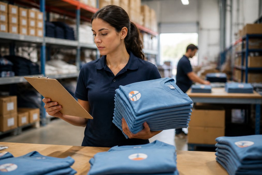 A professional event coordinator holding a stack of neatly folded custom t-shirts with a logo, checking a clipboard in a bright, organized warehouse setting