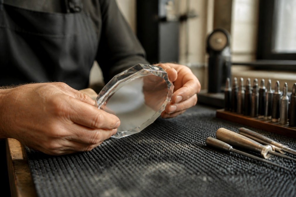 Craftsman inspecting a polished crystal award for a rush order custom corporate plaques project in a workshop
