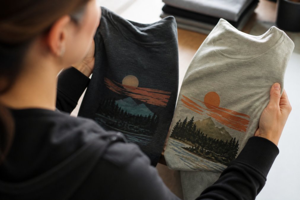 Close-up of a person holding two custom-printed t-shirts side by side under bright natural light, inspecting the print detail and fabric texture on each shirt