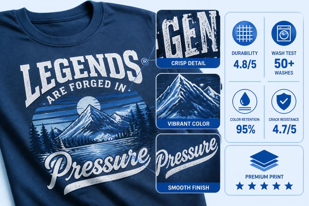 Close-up of a premium printed t-shirt showing crisp, vibrant graphics with fine detail and saturated color depth, demonstrating professional print finish quality